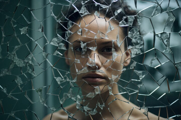 A young woman's contemplative gaze through cracked glass, symbolizing fragility and introspection amidst chaos - obrazy, fototapety, plakaty