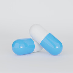 Blue and white pill capsule on white background, 3d rendering