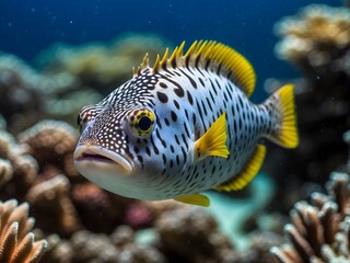 Closeup of beautiful colourful fish in the ocean, animal background, puffer fish, aquarium