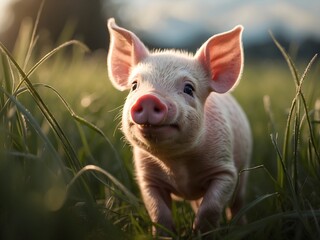 Cute little baby piglet playing in green field, animal background