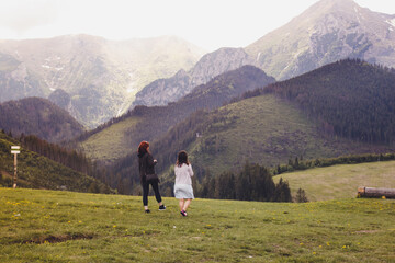 Two young girls walking on a green meadow among the mountains - 692623334