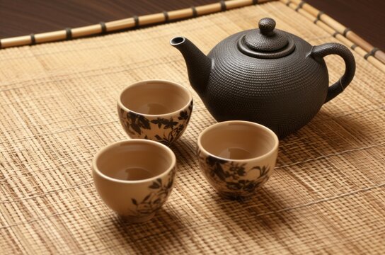 Japanese tea teapot. Traditionally and antique drinking bamboo table. Generate AI