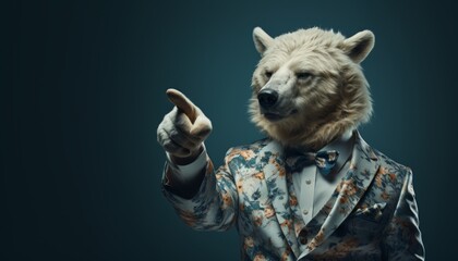 A white bear in a beautiful suit gesticulates with his hands. - obrazy, fototapety, plakaty
