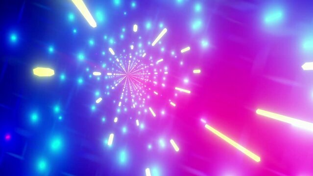 Abstract background in blue and red neon glow colors. Motion of light in galaxy. 3D animation. Space background. 3d render of tunnel, abstract cosmic background. Bright neon rays and glowing lines. 