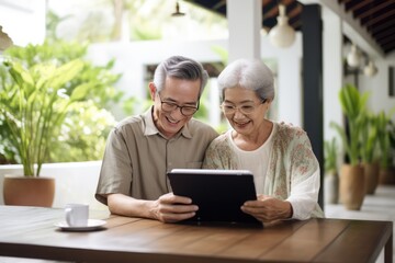 Fototapeta premium Senior Couple Using A Tablet To Plan Their Realistic Travel Itinerary