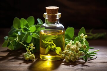 Bottle Of Essential Oil Featuring Herbs