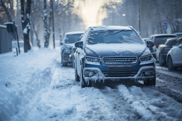 Cars Covered In Slush And Grime On Icy Roads - obrazy, fototapety, plakaty