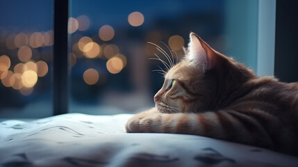 adorable cat looking to the starry sky from window on the bed room background. Generative AI
