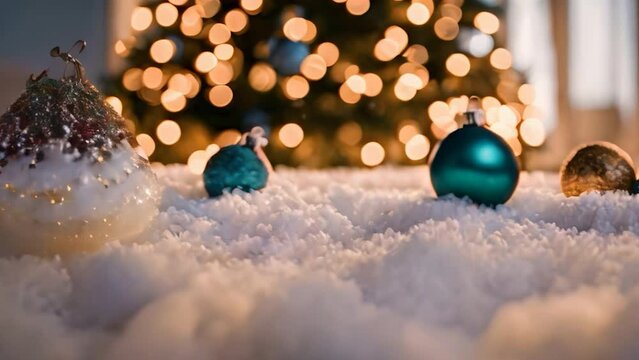 Christmas blue baubles on white snow close up on lighting bacgrkound. Christmas baubles on snow. 4k footage.