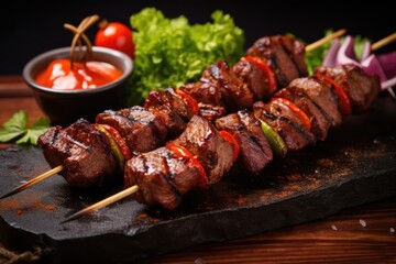 Masterful Grilled Meat Skewers: A Truly Delectable Treat - obrazy, fototapety, plakaty