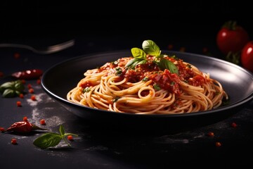 Dark Plate Of Italian Spaghetti Against Dark Background