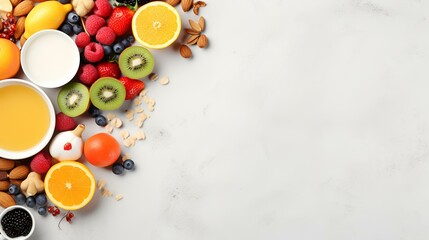 Healthy food ingredient background, top view. Space for text