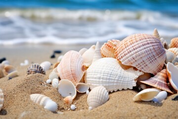 Fototapeta na wymiar Collection Of Sea Shells And Rocks On A Sandy Beach