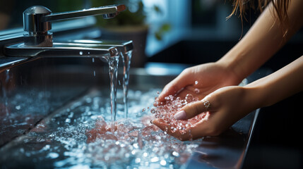 Young woman washes her hands with soap over the sink in the bathroom, close-up. Generative AI - obrazy, fototapety, plakaty