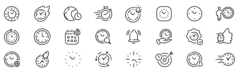 Time and clock line icons. Watch, timer, date, calendar etc. Handdrawn. Editable stroke