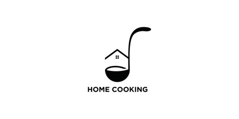 Cooking logo with house and big spoon on white background - obrazy, fototapety, plakaty