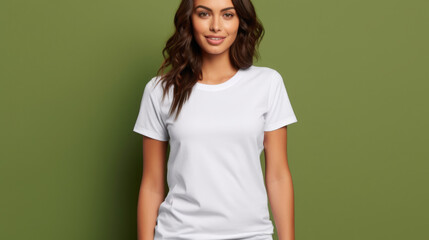 Portrait of a smiling European-looking girl with dark hair wearing a white t-shirt on a green background. Model looking into the camera.