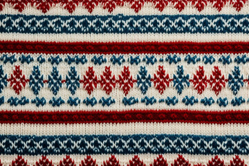 Background made of soft knitwear,with a blue-red pattern, close-up texture of a wool sweater, wallpaper concept, wrapping paper, winter cozy design