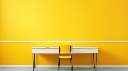 Yellow chair next to a white wooden table. Isolated yellow wall