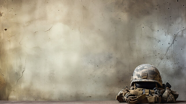 Military gear - helmet and armor folded on the ground. Grunge army background