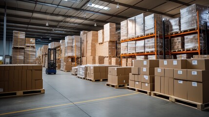 Logistics, Distribution Facilities for Product Delivery. Warehouse full of Goods in Cardboard on shelves.