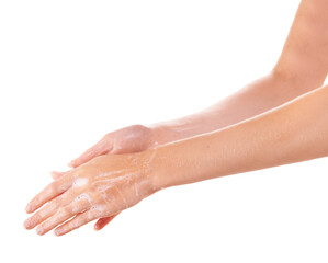 Naklejka premium Hygiene, soap and closeup of washing hands in studio for health, wellness or self care. Grooming, cosmetic and zoom of person or model clean skin to prevent germ, bacteria or dirt by white background