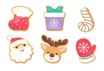 Cute gingerbread cookies set Christmas vector graphics collection. Holiday sugar cookie icons isolated on white background. Cartoon vector illustration. Gingerbread santa face, reindeer, gift, etc.