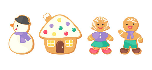 Cute gingerbread cookies set Christmas vector graphics collection. Holiday sugar cookies isolated on white background. Cartoon vector illustration. Gingerbread man, woman, house, snowman.