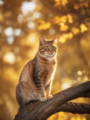 Naklejka na ściany i meble primo piano di gatto appollaiato sul ramo di un albero, sfondo nei colori dorati dell'autunno