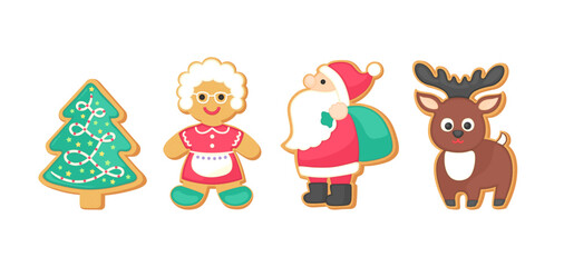 Cute gingerbread cookie set Christmas vector graphics collection. Holiday sugar cookies isolated on white background. Cartoon vector illustration. Gingerbread Santa, Mrs. Claus, Christmas tree, deer.