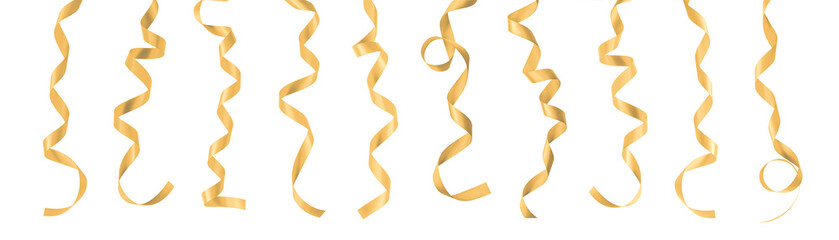 Gold ribbon satin bow confetti scroll set isolated on white background with clipping path for...