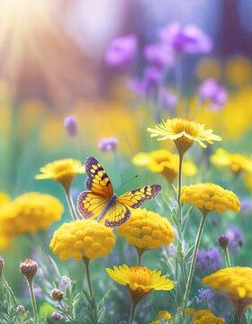 Fototapeta Butterfly in Sea of Flowers, Spring Wallpaper or Background - Space for Copy
