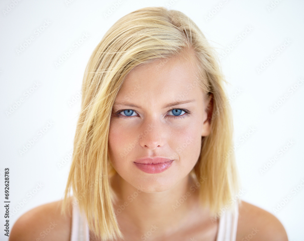 Poster Portrait, skincare and hair of natural woman in studio isolated on a white background. Face, cosmetics and blonde model in spa facial treatment, dermatology or healthy beauty glow, shine and wellness