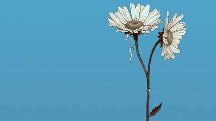 Illustration of a daisy wilting against a blue background. Concept for Blue Monday, representing sadness and lack of energy. Copy space