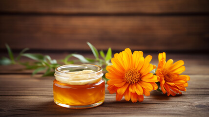 jar with chamomile flower on wooden table