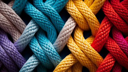 colorful knot on rope on blue background. top view