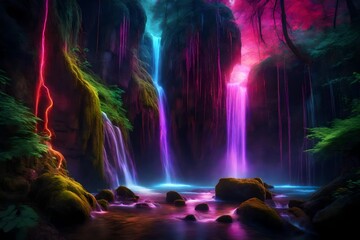 Fantasy on neon water fall in deep forest - obrazy, fototapety, plakaty
