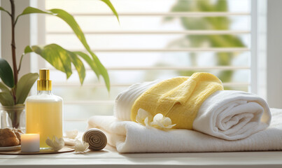 Spa still life with towels, soap and candles on windowsill