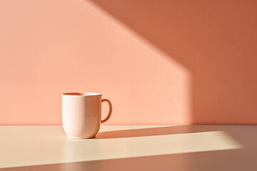 Minimalist coffee cup on a peach-colored table in morning light