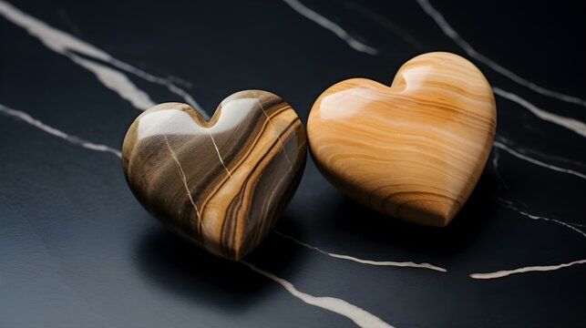 Close up of two beige Hearts on a black Marble Background. Romantic Backdrop with Copy Space