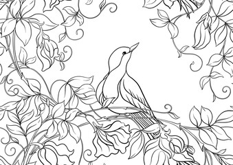 Fantasy flowers and bird, decorative flowers and leaves in art nouveau style, vintage, old, retro style. Seamless pattern, background. Vector illustration. Outline hand drawing vector illustration.