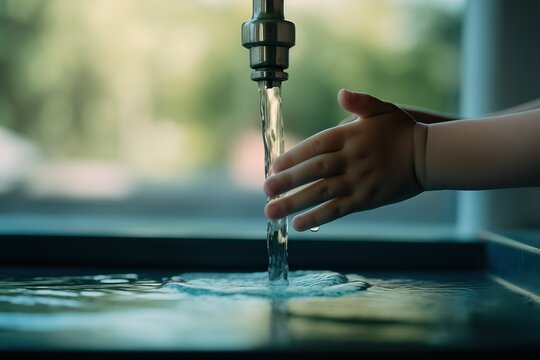 Hands of a child under an open water tap. Concept related to International Water Day
