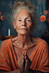 Closeup portrait of a gorgeous elderly woman with rosy freckled skin, doing meditation, in cozy home.