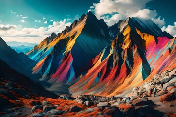 A colourful digital painting over a mountain peak  - obrazy, fototapety, plakaty