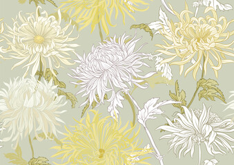 Fototapeta premium Chrysanthemum decorative flowers and leaves in art nouveau style, vintage, old, retro style. Seamless pattern, background. Vector illustration.