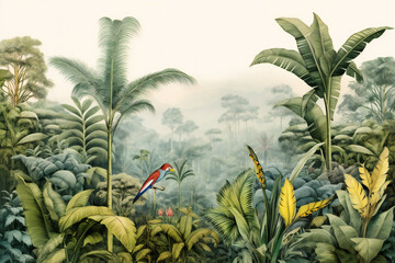 Tropical botanical landscape. palm trees. plant floral border background. Exotic green jungle