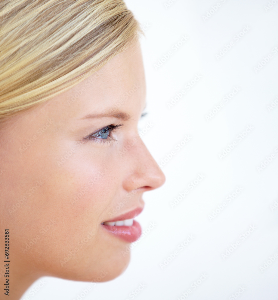 Wall mural Face profile, skincare and beauty of woman in studio isolated on a white background mockup space. Thinking, cosmetics or natural blonde model in spa facial treatment, dermatology or healthy skin glow