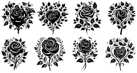 Set of black and white roses on a white background