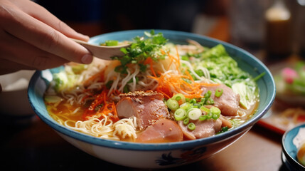 hands putting together a vibrant chinese noodle soup generative ai