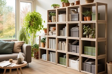 well organized home office with shelving units